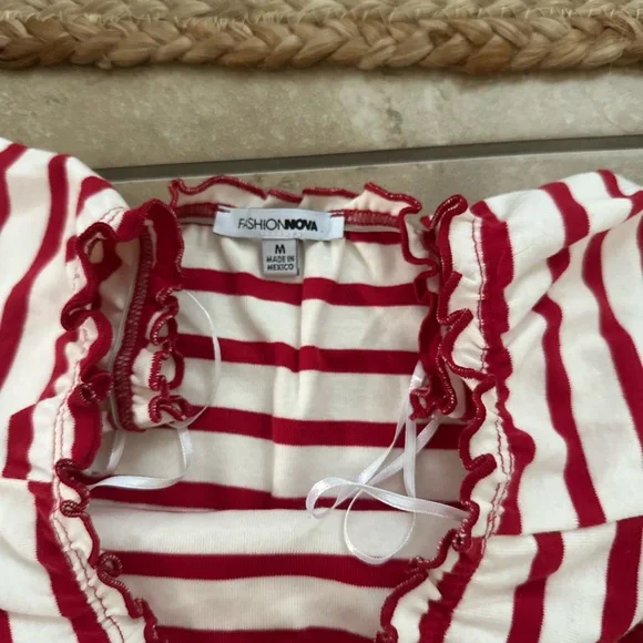 RED AND WHITE STRIPED OFF SHOULDER MINI DRESS - Picture 2 of 5